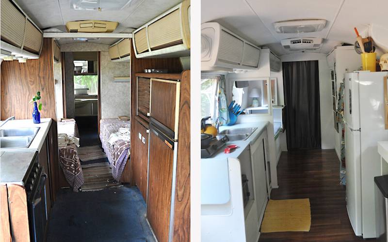 L'intérieur de l'Airstream avant et après rénovation.