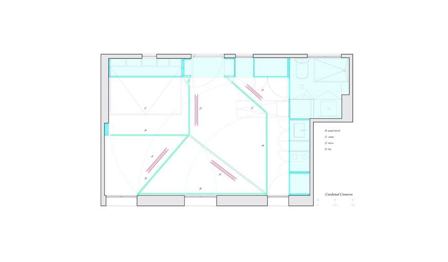 Sur ce plan on peut voir l'espace réservé aux rangements et l'agencement de la salle de bain.