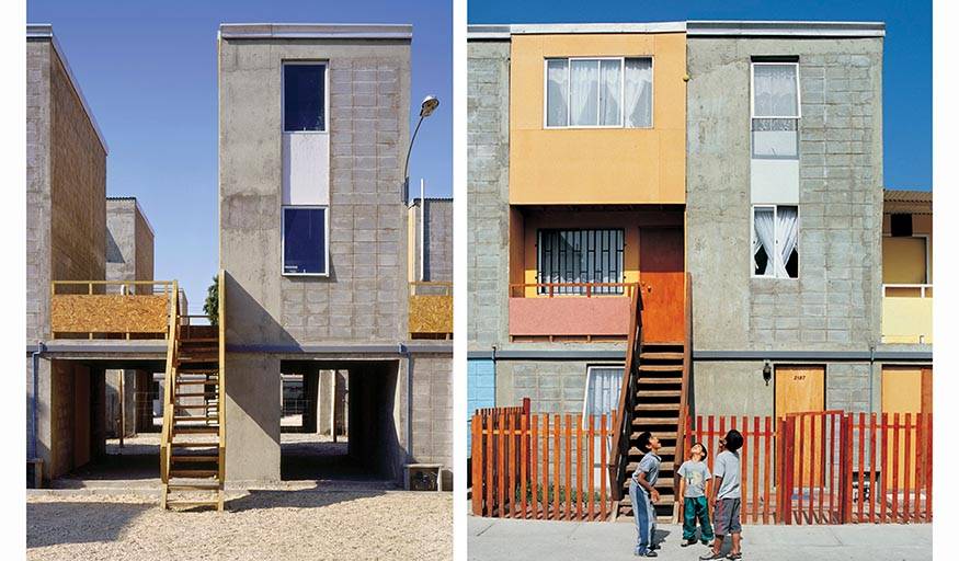 Logements de Quinta Monroy à Iquique (Chili). À gauche : Un exemple de “half of a good house” (maison à moitié terminée). À droite : Un exemple de standard de la classe moyenne atteint par les résidents. Réalisation Alejandro Aravena, livraison 2004.