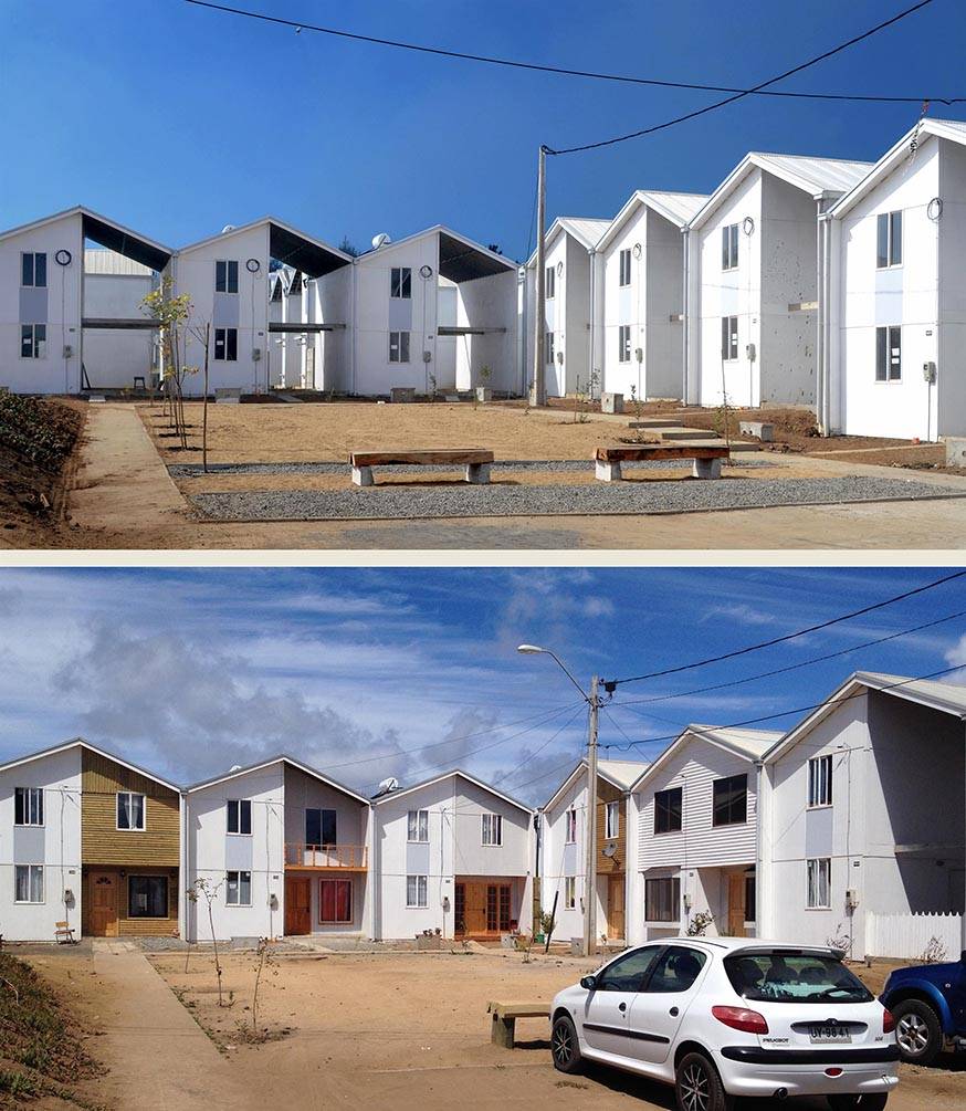 Logements de la Villa Verde à Constitución (Chili), reconstruction après le séisme de 2010. En haut : “Half of a good house”. En bas : Un exemple de standard de la classe moyenne atteint par les résidents. Réalisation Alejandro Aravena. Livraison 2013.