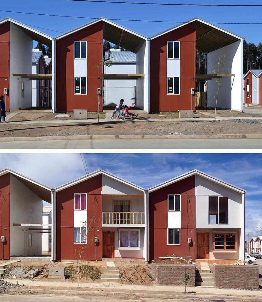 Logements de la Villa Verde à Constitución (Chili), reconstruction après le séisme de 2010. En haut : “Half of a good house”. En bas : Un exemple de standard de la classe moyenne atteint par les résidents. Réalisation Alejandro Aravena. Livraison 2013.