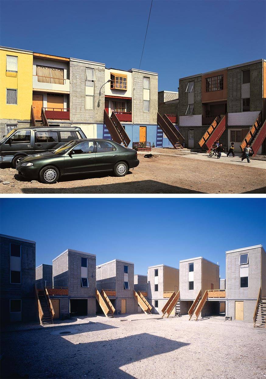 Logements de Quinta Monroy à Iquique (Chili). En haut : Un exemple de standard de la classe moyenne atteint par les résidents. En bas : Un exemple de “half of a good house” (maison à moitié terminée) financées par de l'argent public. Réalisation Alejandro Aravena, livraison 2004.