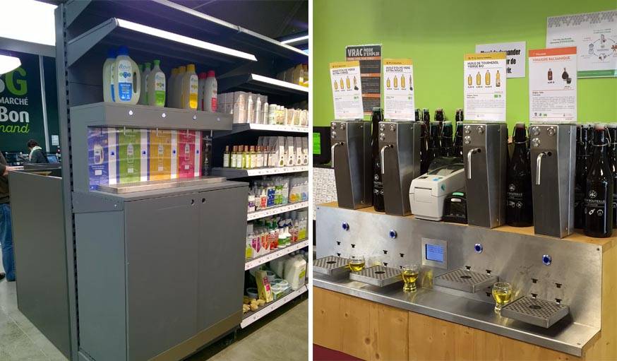Des distributeurs de lessive (à gauche) et d'huile (à droite), installés par l'entreprise Jean Bouteille.