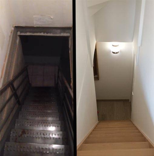 L'escalier intérieur, pour accéder au sous-sol, avant et après travaux. 