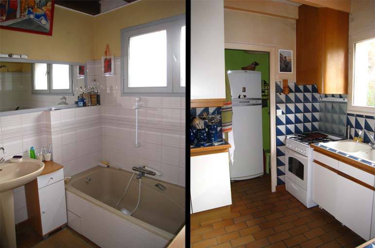 La salle de bain et la cuisine avant les travaux. 