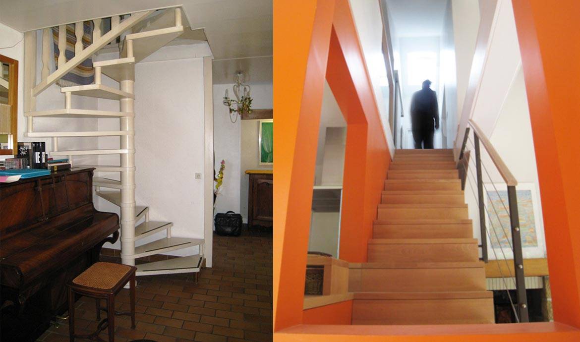 L'escalier avant et après travaux.