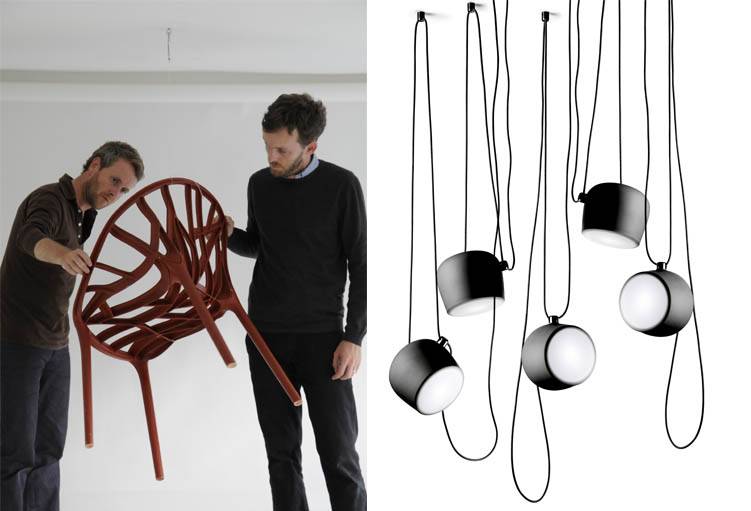 Les frères Bouroullec tenant la chaise végétale et lampe liane.