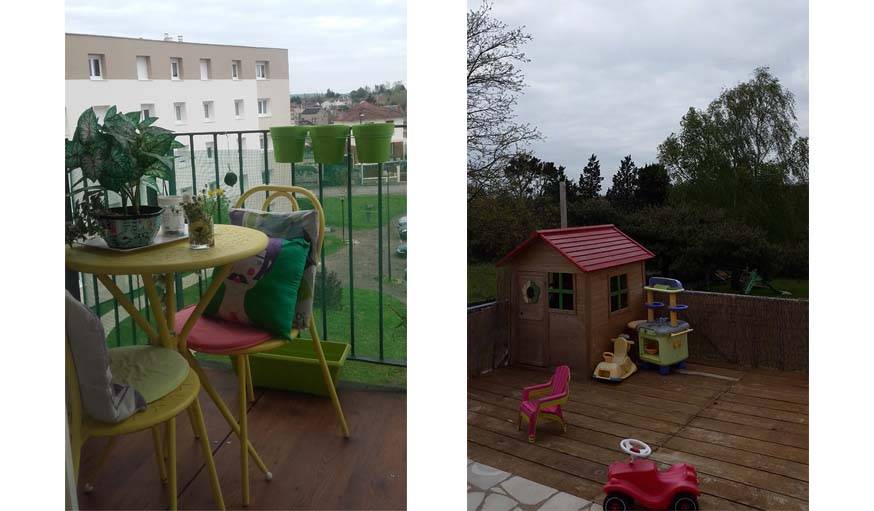 Coin enfant à St-Jean de Thouars (Les Deux Sèvres) et terrasse printanière à la Charité-sur-Loire (Nièvre).