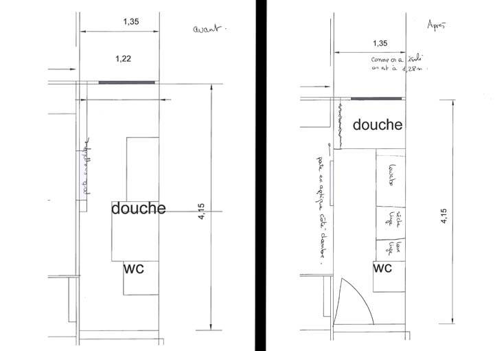 Plan de la salle de bains avant et après travaux. 