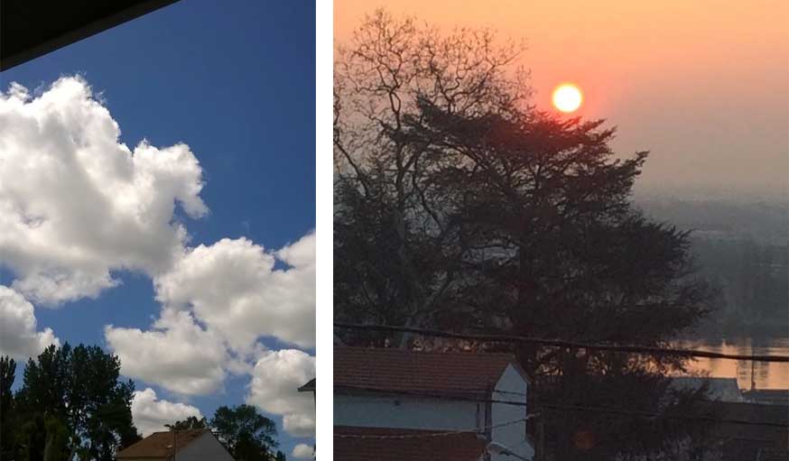 Un ciel bleu parsemé de nuages à Guimps (Charente) et un levé de soleil à Lyon.