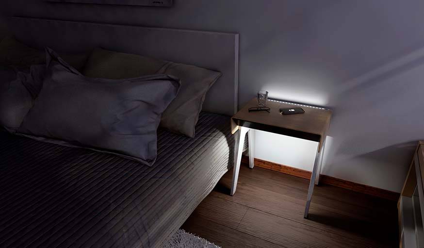 Une lumière s'allume sur le dessous de la table dès que vos posez le pied par terre