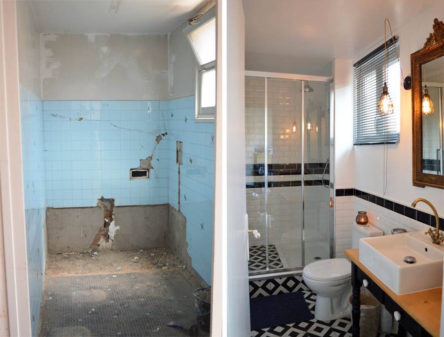 La salle de bains avant et après. La fenêtre a également été remplacée.