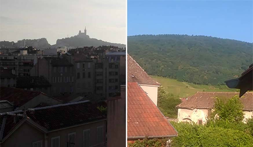 (à gauche ) Marseille avec au loin notre dame du bon secours, ( à droite ) Les Vosges vues de la fenêtre de la cuisine d'Angélique 