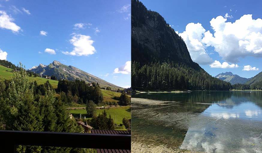 (à gauche) La Clusaz en Haute-Savoie, ( à droite ) Une vue depuis l'hotel du bout du monde sur le lac de Montbriond en Haute-Savoie 