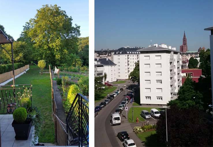 Vue sur le jardin à Guerting en Moselle, et sur la cathédrale de Strasbourg, dans le Bas-Rhin.