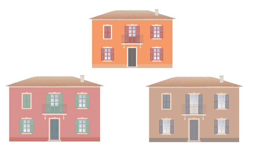 De haut en bas et de gauche à droite, camaïeu chaud, contraste chaud et froid et harmonie neutre des maisons provençales. 