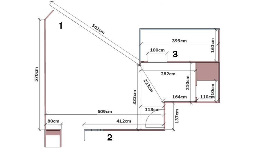 Plan du salon. 1 - La grande baie vitrée. 2 - La cuisine ouverte. 3 - La petite pièce en sous-pente.