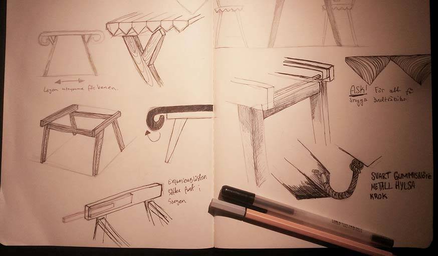 Les croquis de la table réalisée par Nathalie Dackelid