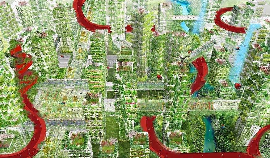 Esquisse de la future ville-forêt. 