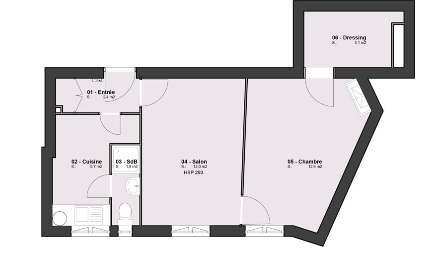 Plan actuel de l'appartement : la salle de bains est dans la cuisine.