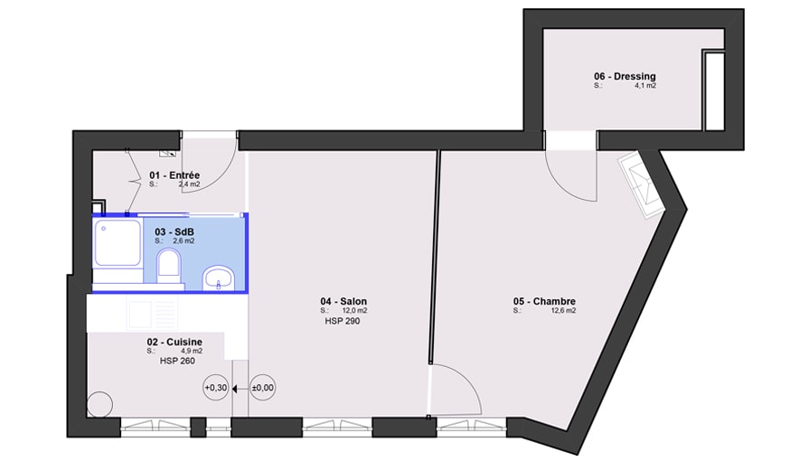 La 2e solution envisagée par l'architecte : déplacer la salle de bains dans l'entrée.