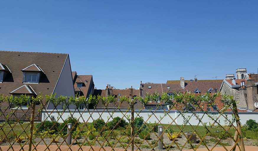 Besançon par-dessus la grille du jardin.