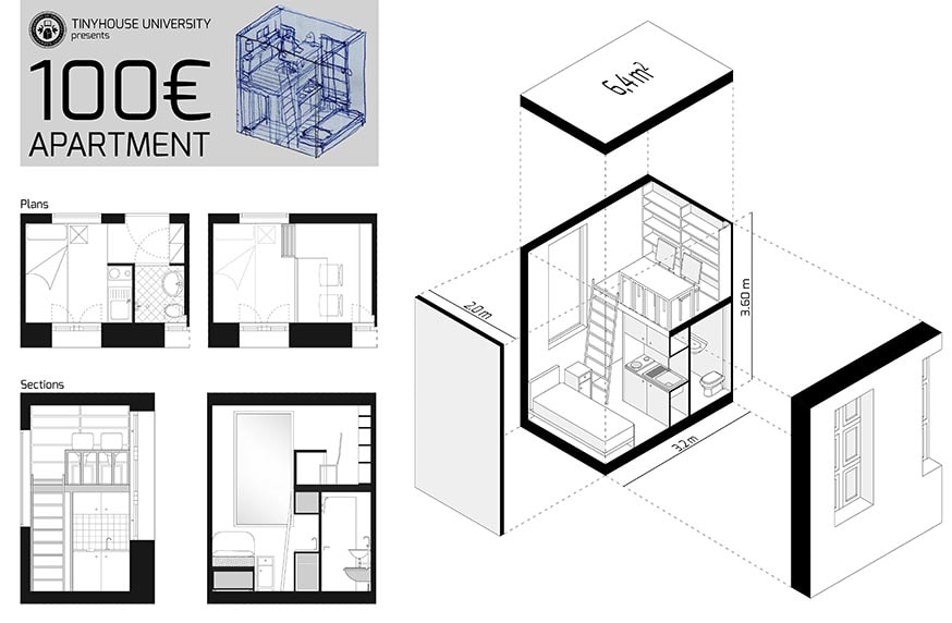 Plan du studio de 6,4 m2.