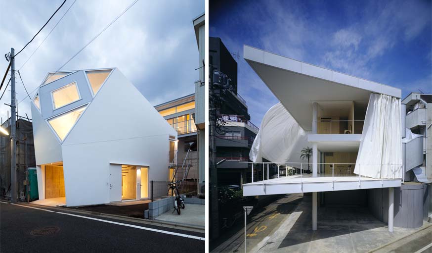 Yasuhiro Yamasita & Azusa Ishii - Monoclinic Curtain (2012) / Shigeru Ban - Curtain wall house (1965).