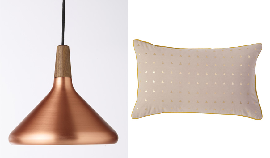 La suspension COLOURS Float (99,95 ) et le coussin Ruiz Gold (12,99 ).