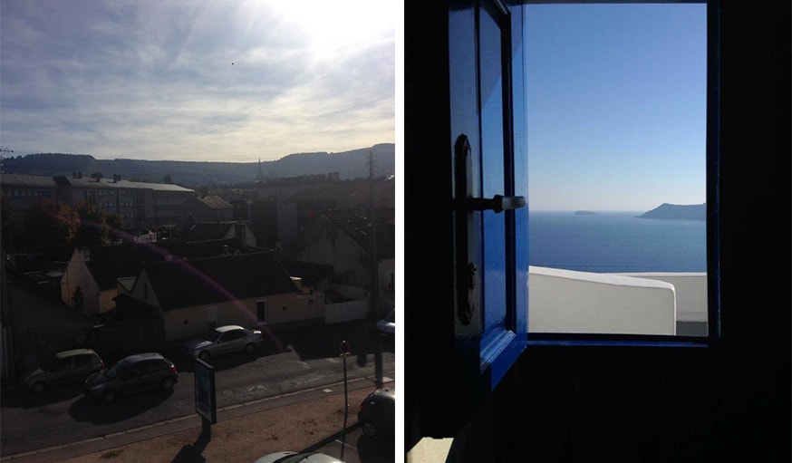 En Bourgogne-Franche-Comté, le 25 octobre (à gauche) et vu sur la mer à Santorin en mer Égée (à droite)