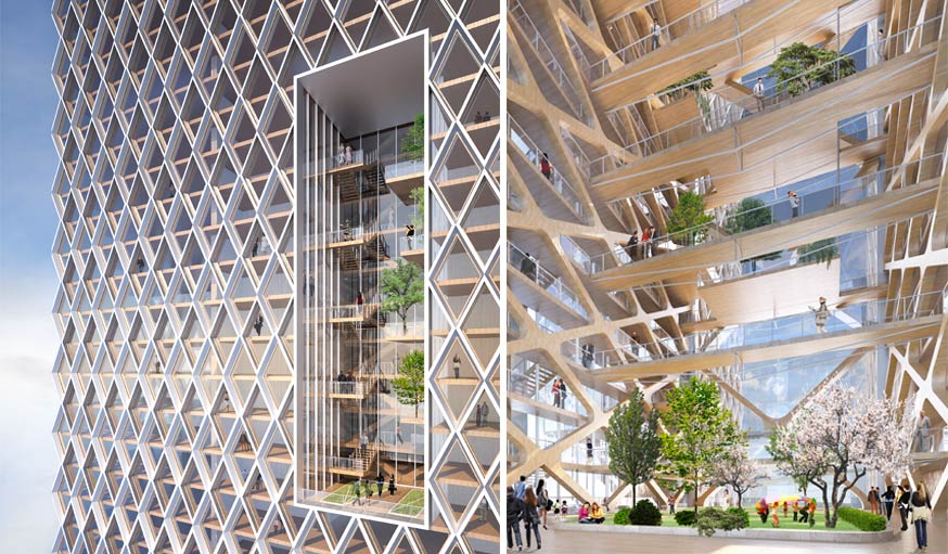 Ces appartements sont organisés autour d'un parc vertical, avec de vrais arbres. 