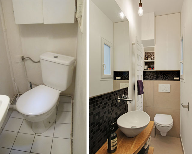 Les toilettes dans la salle de bains, avant et après travaux.