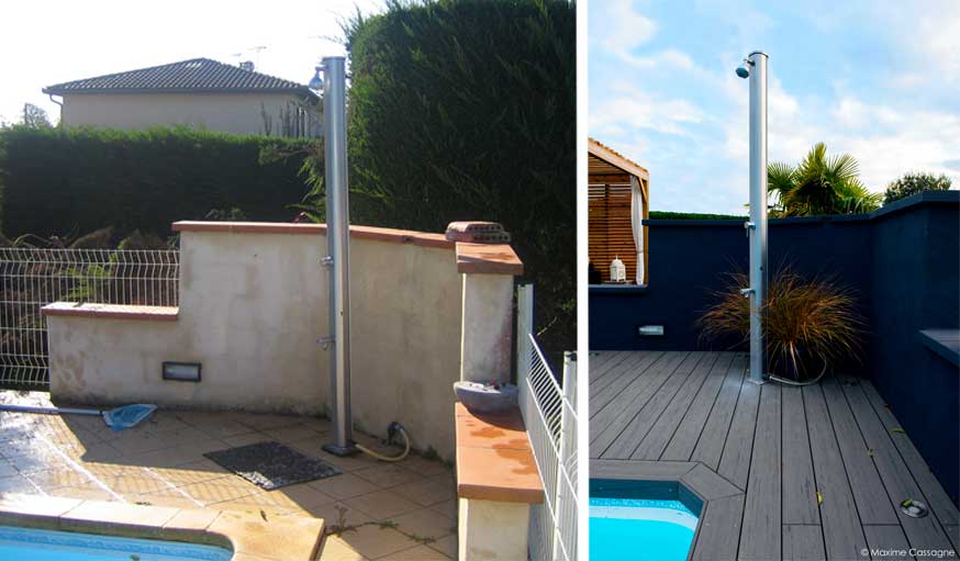 Douche extérieure à côté de la piscine avant et après rénovation