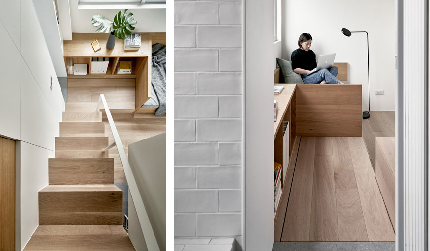 Studio optimisé à Taïpei salle de bains vue du dessus de l'escalier et vue depuis la salle de bains