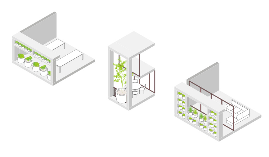 Green villa immeuble végétalisé plantes en pot dessiné par MVRDV et Van Boven Architecten details plans