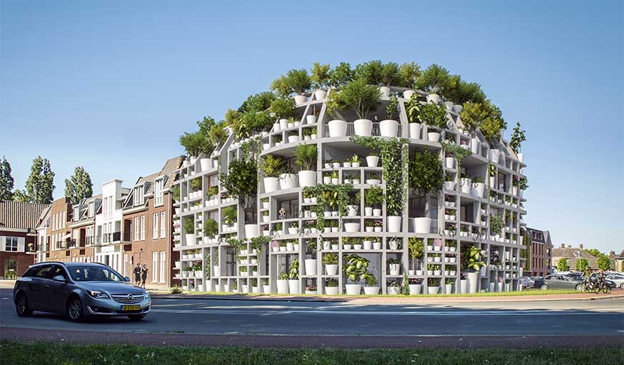 Green villa immeuble végétalisé plantes en pot dessiné par MVRDV et Van Boven Architecten