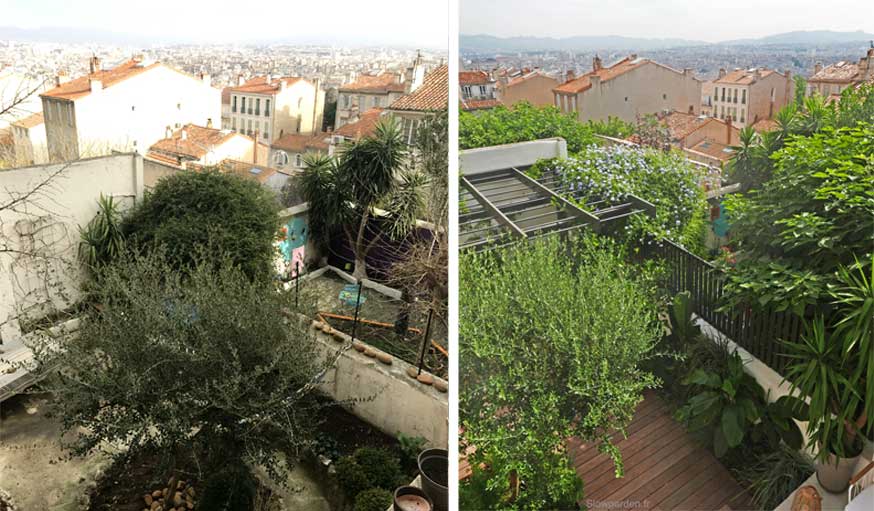 Avant aprÃ¨s jardin Marseille avec pergola vue depuis le balcon