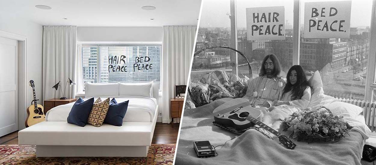 Une chambre d'hôtel redécorée en hommage au bed in for peace de John Lennon et Yoko Ono