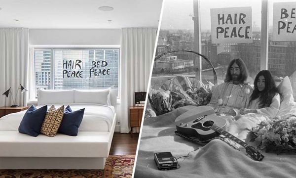 Une chambre d'hôtel redécorée en hommage au bed in for peace de John Lennon et Yoko Ono