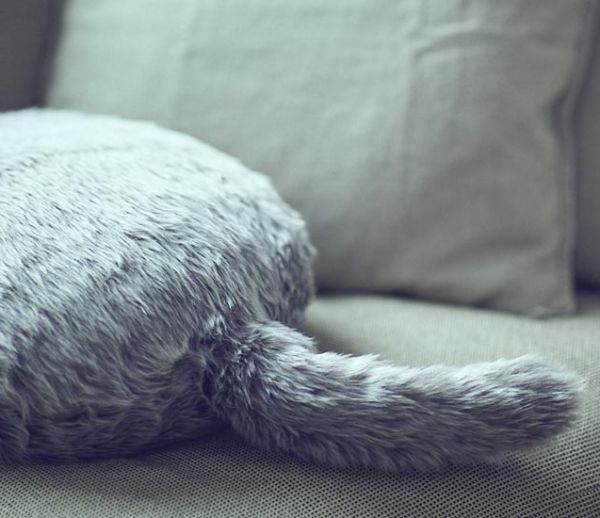 Cet étrange coussin en forme de chat remue la queue et ronronne !