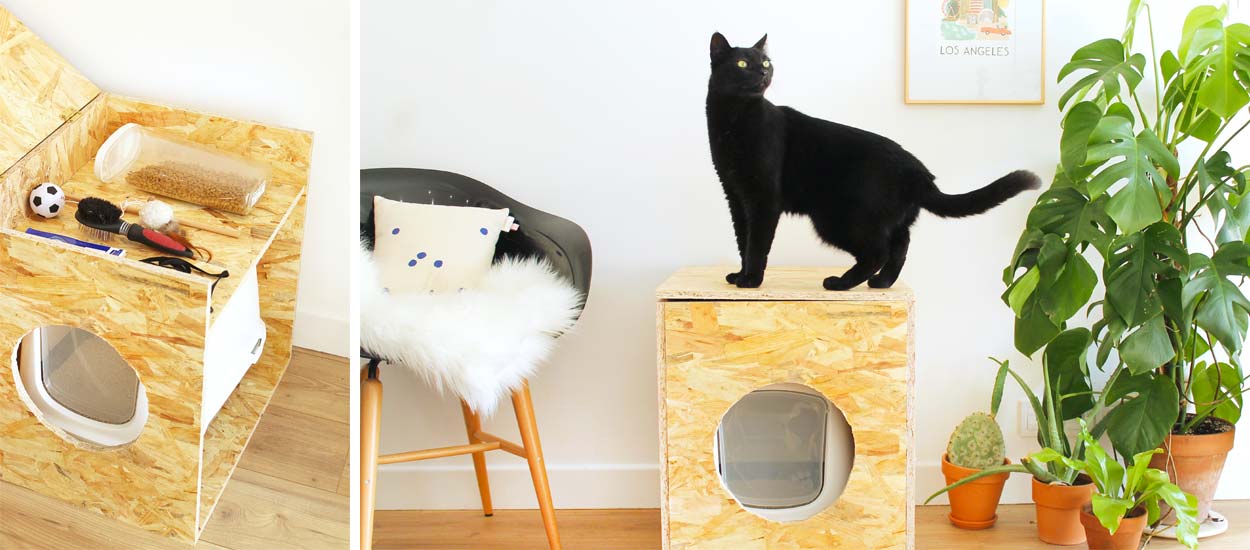 DIY pour fabriquer une jolie maison de toilette pour chat avec rangements 
