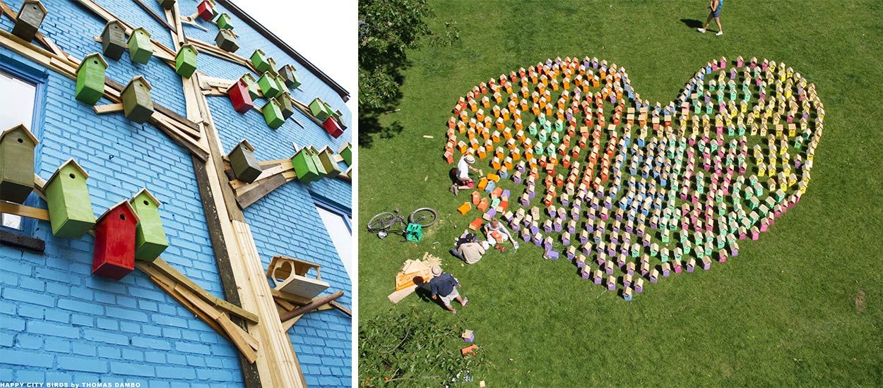 Un artiste a construit plus de 3 500 nichoirs colorés et écolo pour les grandes villes