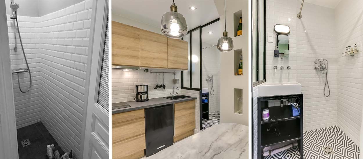 La salle de bains dans la cuisine qui remplace la douche du placard