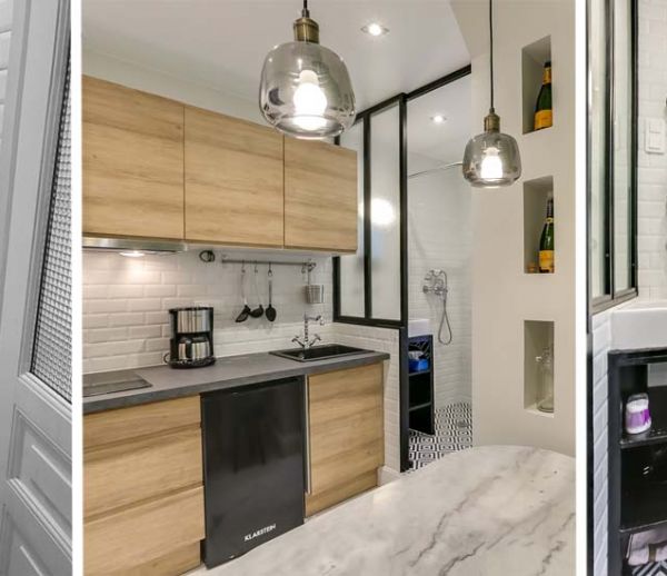 La salle de bains dans la cuisine qui remplace la douche du placard