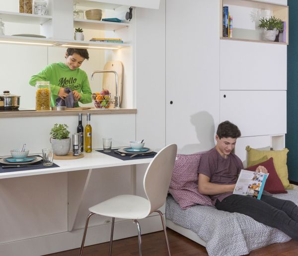 Ce meuble multifonction de 6 m² cache une cuisine, une salle de bains et un lit