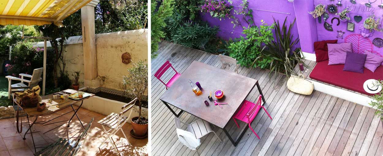 Avant / Après : Cette terrasse abîmée ose le violet pour un style bohème !