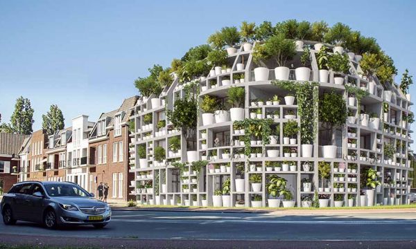 Les façades de cet immeuble seront entièrement couvertes de plantes en pot