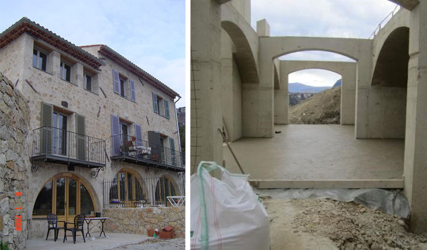 Maison en pierres et maison en béton de poudingue 