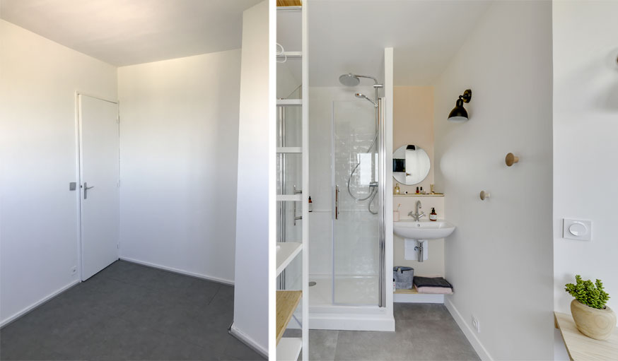 Chambre avant après, avec nouvelle petite salle de bains intégrée