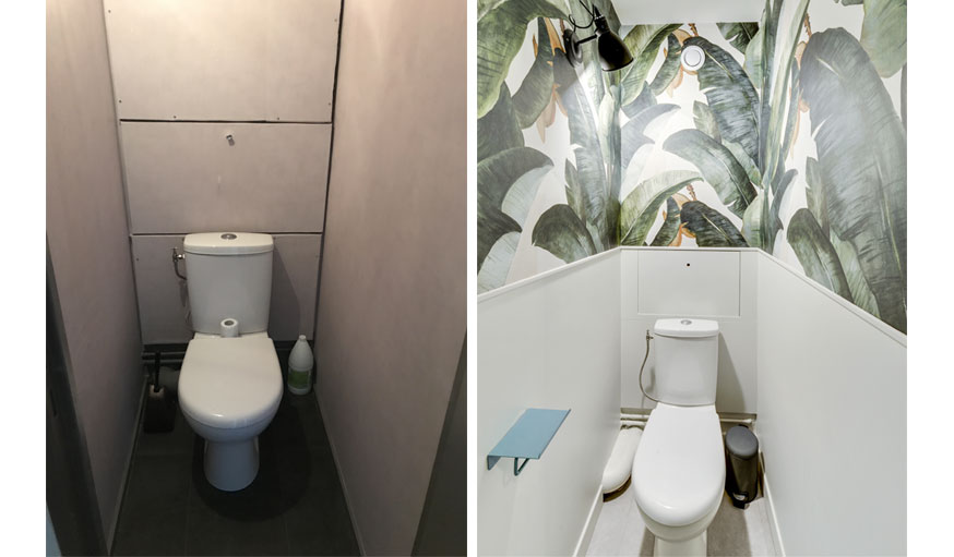 Toilettes avant et après : papier peint tropical